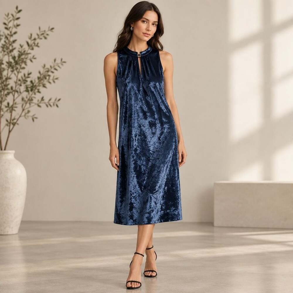 Worth New York Silk Blend Velvet Midi Dress Size 8 Blue Mock Neck Sleeveless